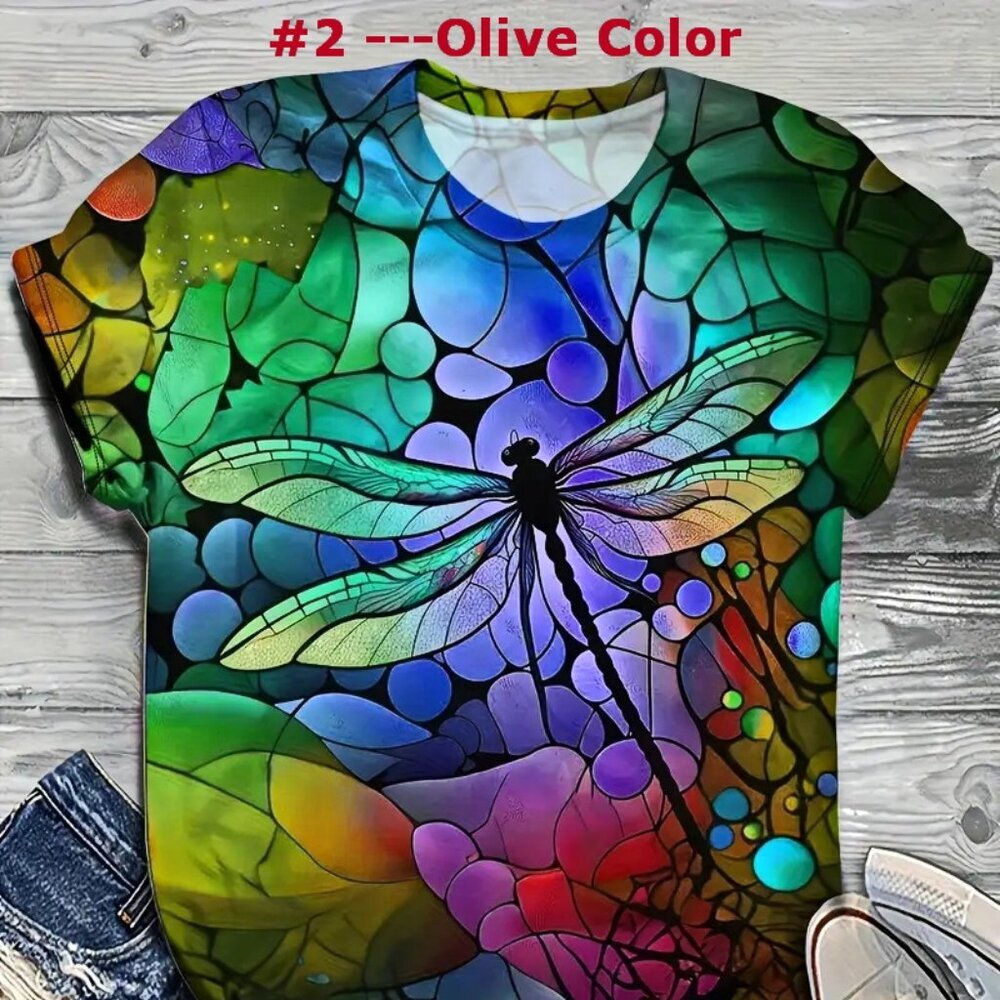 Olive Green Color -New- Plus Size Dragonfly Print T-Shirt Sizes 1xl to 6xl -